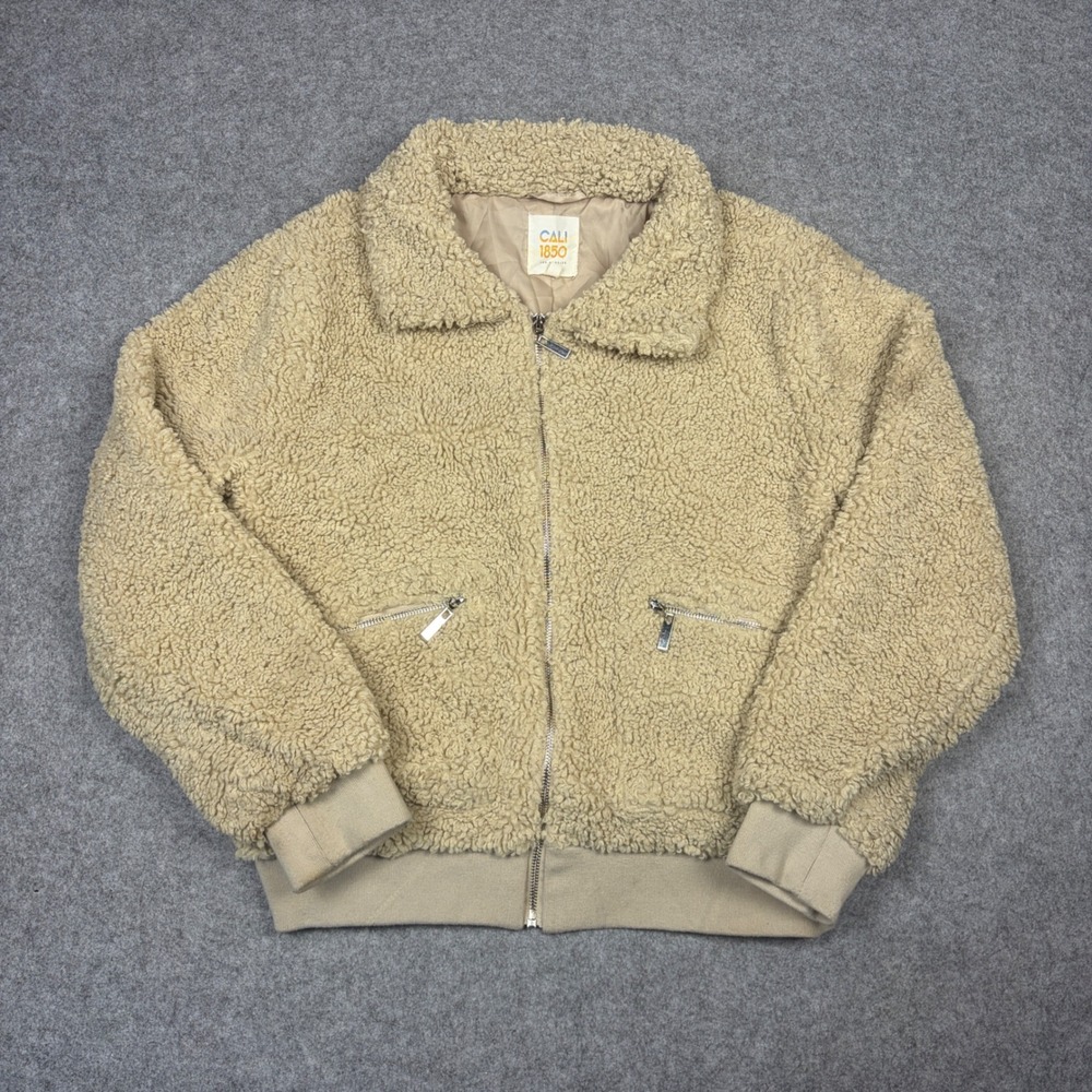 Cali 1850 Los Angeles Tan Sherpa Fleece Zip Up Bomber Jacket Large